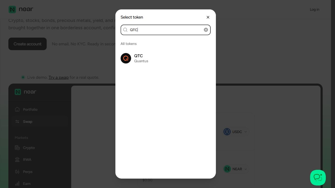 QTC検索結果にQuantusが表示されたnear.comの銘柄選択画面