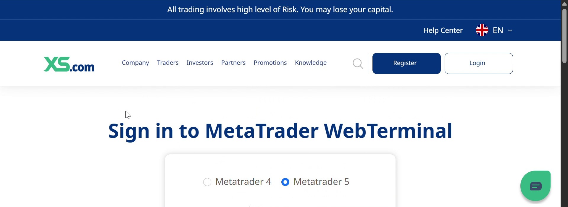 XSのMetaTrader WebTerminalでMetaTrader 5を選択する画面